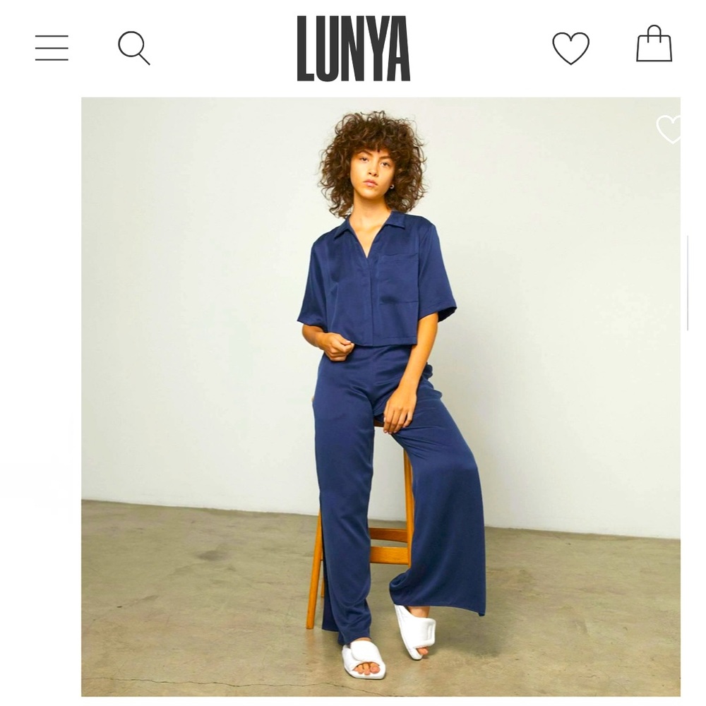 Lunya Washable Silk High Rise Pant Set Size Small Deep Blue